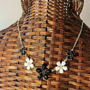 Classic flower bib necklace Black White formal party spring black tie 18”